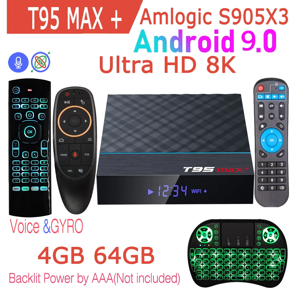Ʈ TV ڽ, T95 MAX PLUS Amlogic S905X3  ھ, ȵ̵ 9.0, 8K HDR LAN, 100M  , 2.4G, 5G, BT4.0 RAM, 4GB ROM, 32G